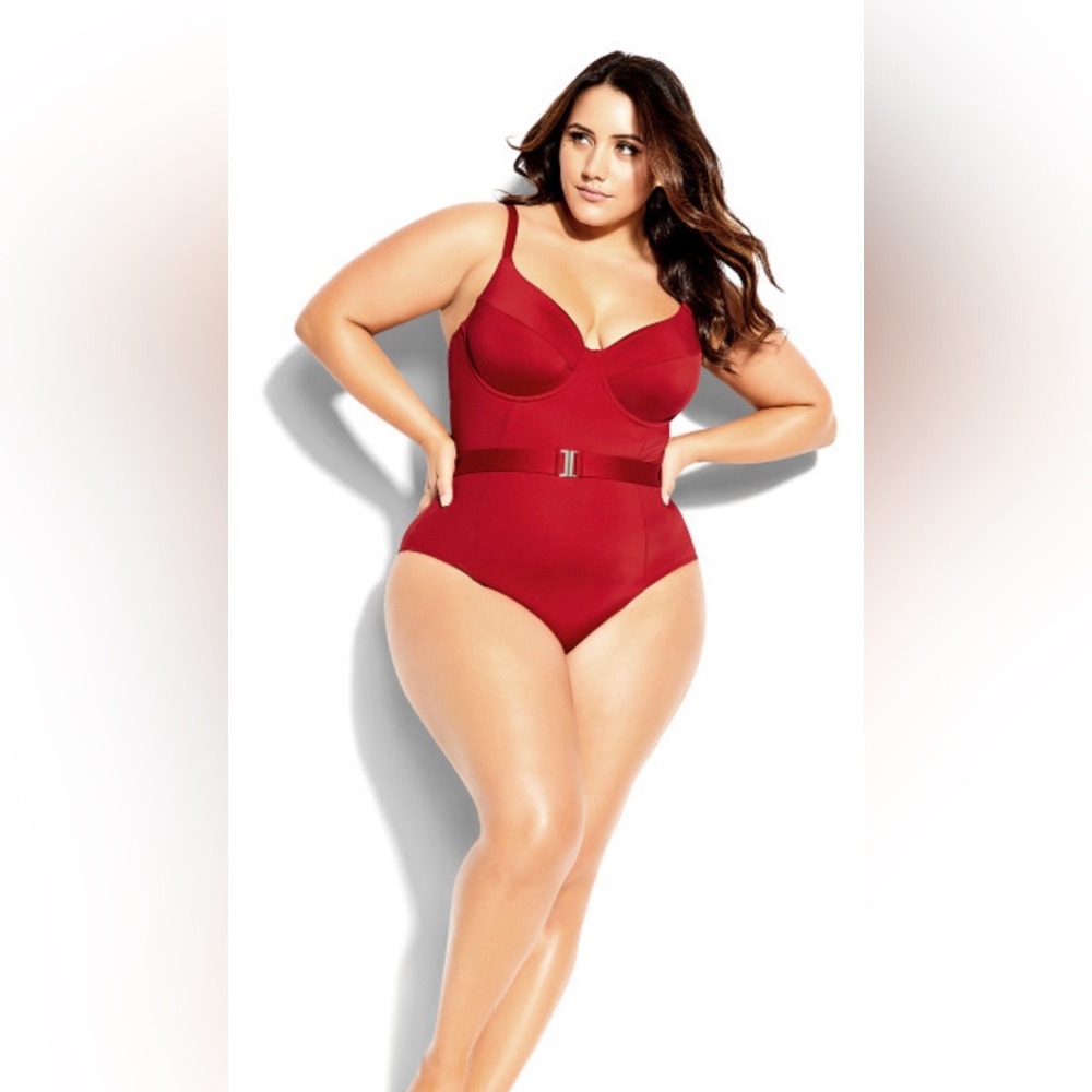 Plus Size Red One-Piece Swimsuit with Supportive Cups and Belt